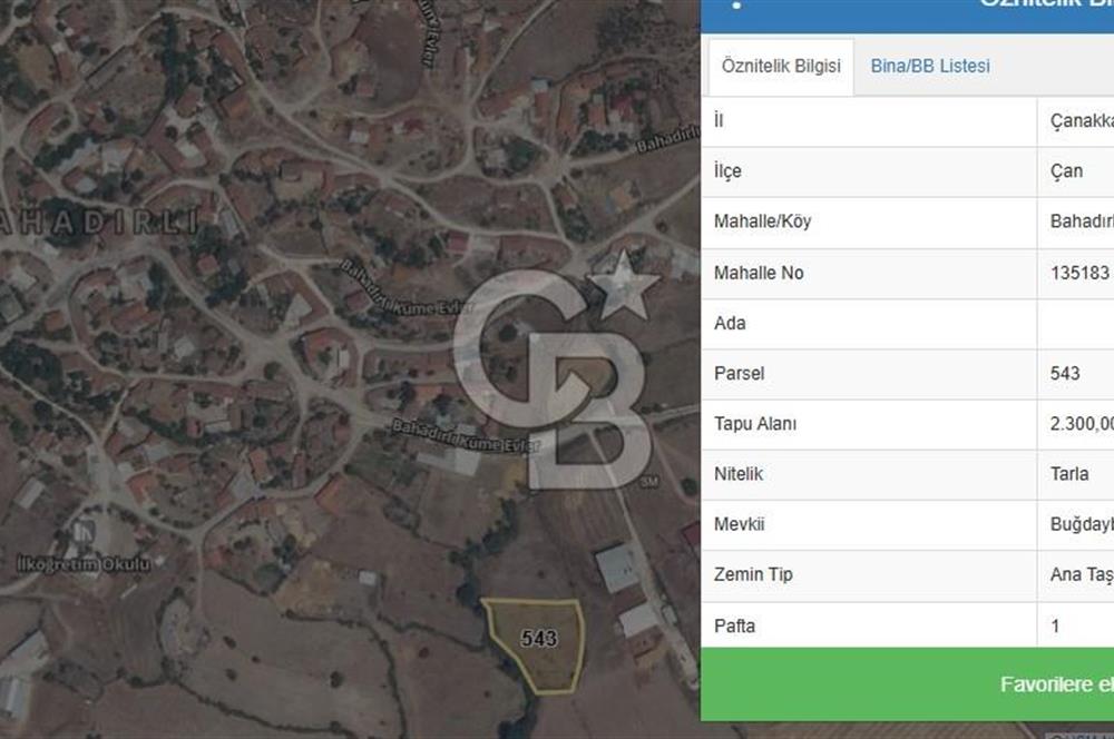 ÇANAKKALE ÇAN BAHADIRLI KÖYÜNDE, 110 M2 KÖYİÇİ İMARLI TOPLAM 2300M2 SATILIK TARLA