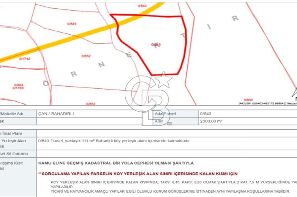 ÇANAKKALE ÇAN BAHADIRLI KÖYÜNDE, 110 M2 KÖYİÇİ İMARLI TOPLAM 2300M2 SATILIK TARLA
