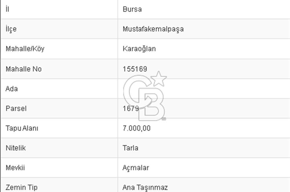 CB BLACK'TAN BURSA MUSTAFA KEMALPAŞA KARAOĞLAN'DA 7.000 M2 SATILIK TARLA
