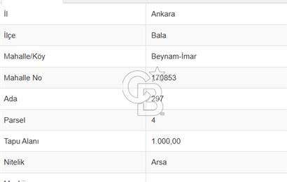 Ankara Bala Beynamda Satılık 1.000 m² İmarlı Arsa