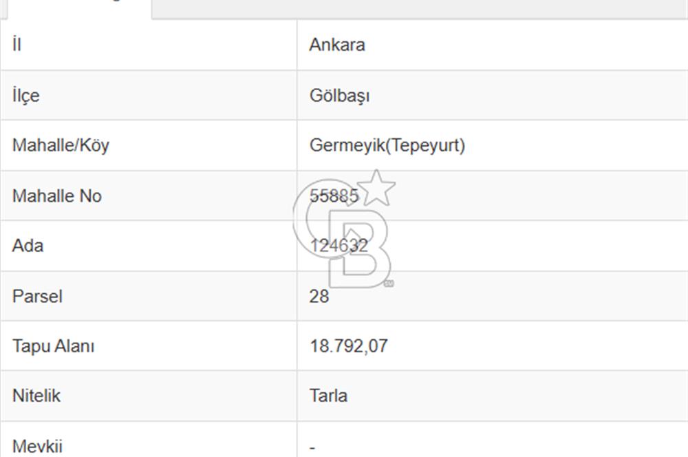 Ankara Gölbaşı Tepeyurt ta 18.792 m²Köşe Parsel Yatırımlık Tarla