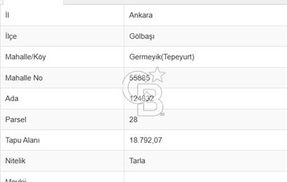 Ankara Gölbaşı Tepeyurt ta 18.792 m²Köşe Parsel Yatırımlık Tarla