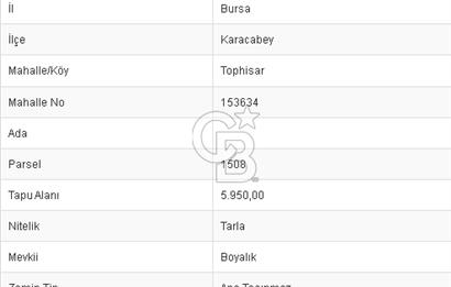 CB BLACK'TEN KARACABEY TOPHİSAR SATILIK 5950M2 YATIRIMLIK TARLA