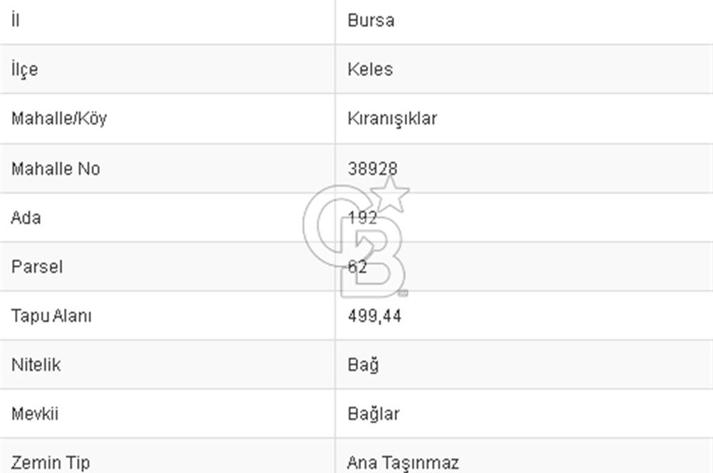 CB BLACK KELES SATILIK TEKTAPU 499M2 YATIRIMLIK ARAZİ