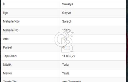 SAKARYA GEYVE 12 DÖNÜM SATILIK, MÜSTAKİL ARSA