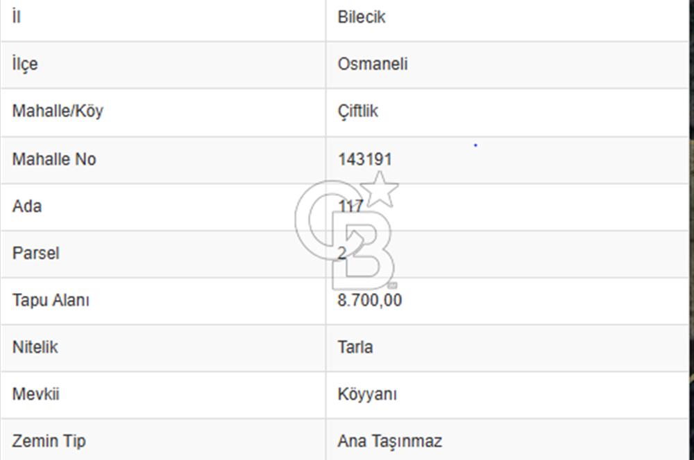 BİLECİK OSMANELİ ÇİFTLİKTE 8.700 DÖNÜM MÜSTAKİL ARSA