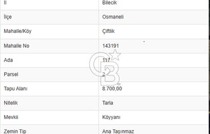 BİLECİK OSMANELİ ÇİFTLİKTE 8.700 DÖNÜM MÜSTAKİL ARSA