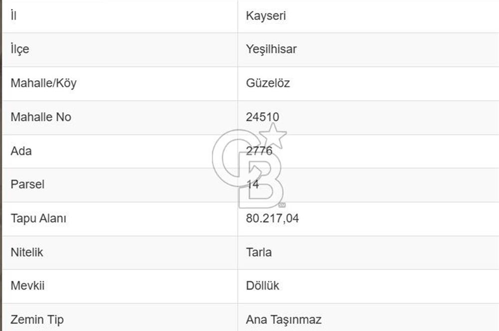 YEŞİLHİSAR'DA GES KURULUMUNA UYGUN 80.217 m² TARLA