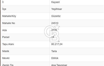 YEŞİLHİSAR'DA GES KURULUMUNA UYGUN 80.217 m² TARLA