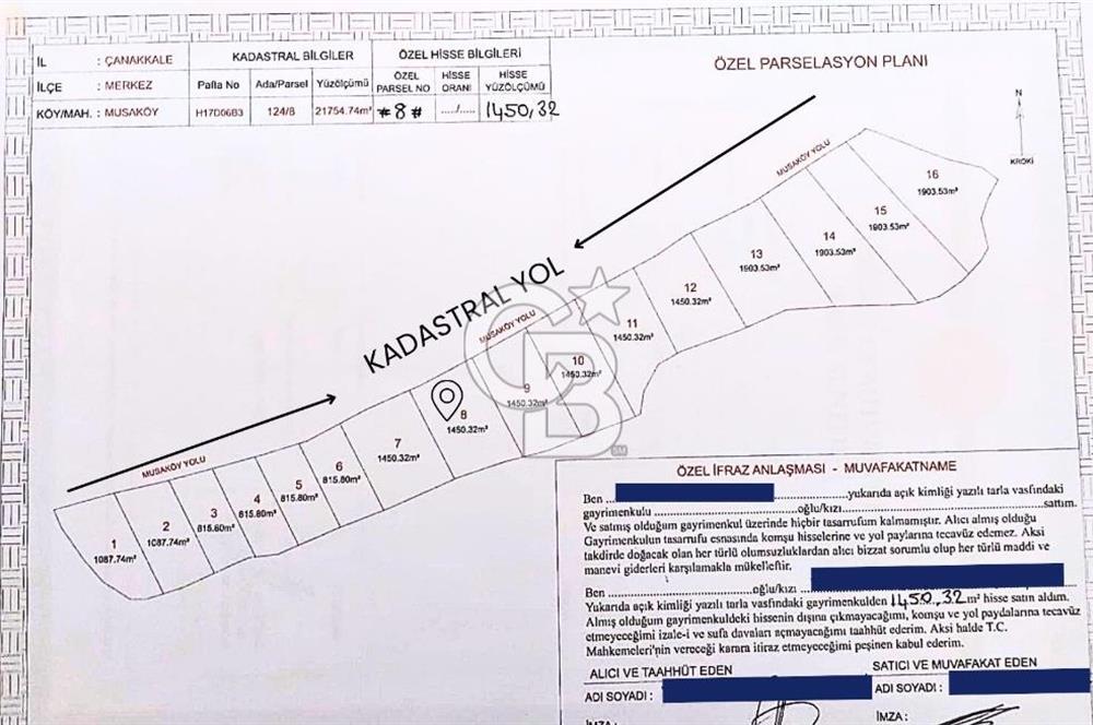 ÇANAKKALE MERKEZ MUSAKÖYDE 1450 M² TAPULU SATILIK PARSEL HİSSESİ