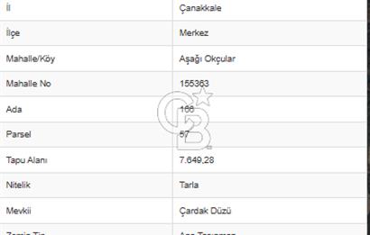 ÇANAKKALE MERKEZ AŞAĞIOKÇULAR'DA SATILIK 7650 M2 MÜSTAKİL ARAZİ