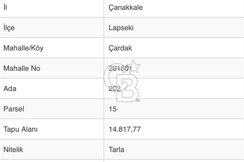 Çanakkale Lapseki Çardak Bayramdere Mevkii'nde Yatırımlık Tarla Satılık!