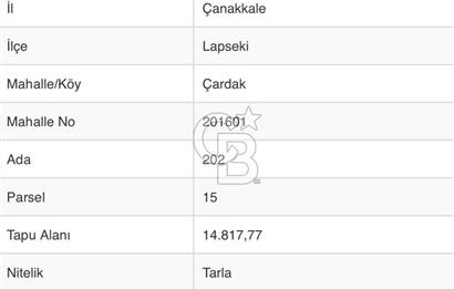 Çanakkale Lapseki Çardak Bayramdere Mevkii'nde Yatırımlık Tarla Satılık!