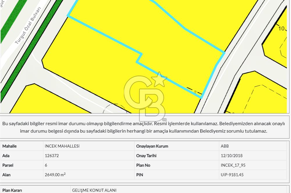 İNCEK TURGUT ÖZAL BLV. CAD 32 MT. CEPHE, 2.649 M2 SATILIK ARSA… MÜSTAKİL