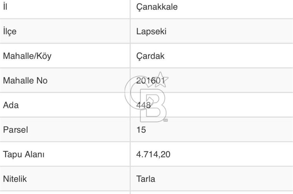 SATILIK YATIRIMLIK TARLA – ÇANAKKALE / LAPSEKİ / ÇARDAK