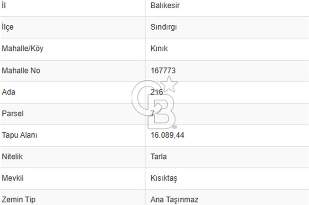 BALIKESİR SINDIRGI KINIK MAHALLESİ 16,089M2 YOLU OLAN TARLA