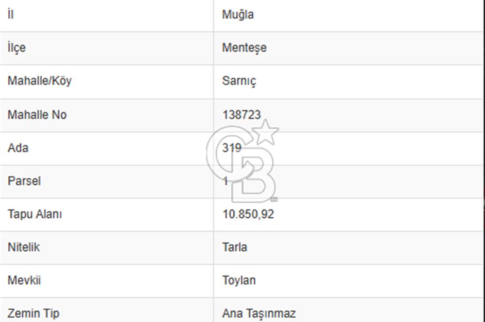 Muğla Menteşe sarnıç Toylan mevkii satılık Tarla 10.850.92 m2