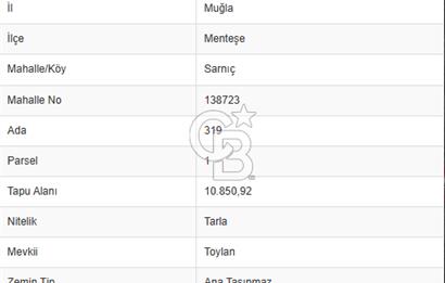 Muğla Menteşe sarnıç Toylan mevkii satılık Tarla 10.850.92 m2