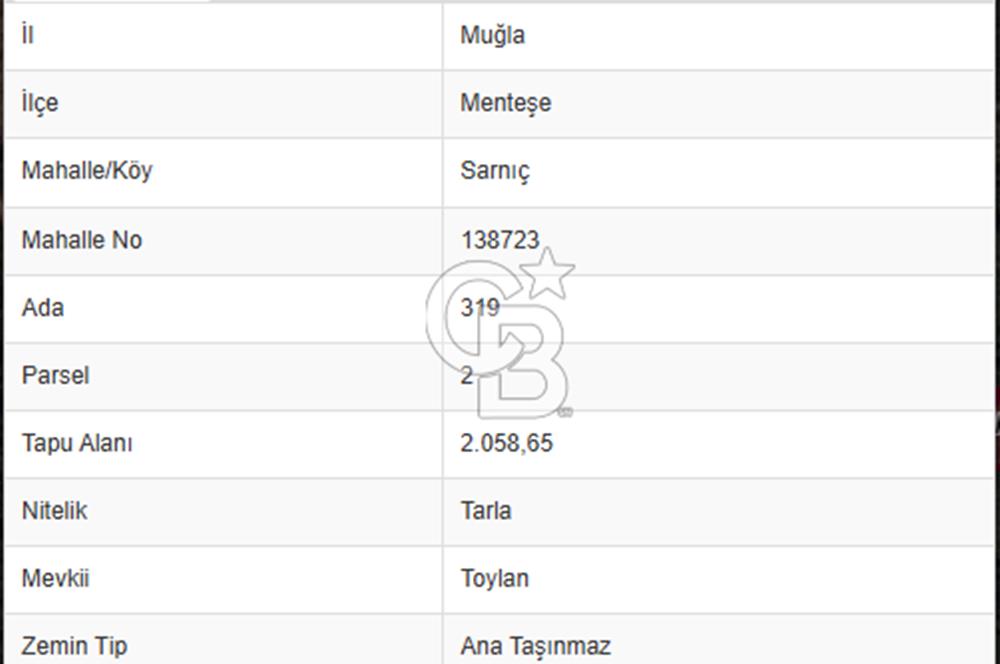 Muğla Menteşe sarnıç Toylan mevkii satılık Tarla 2058,65m2