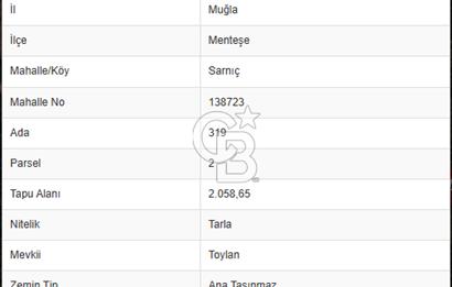 Muğla Menteşe sarnıç Toylan mevkii satılık Tarla 2058,65m2