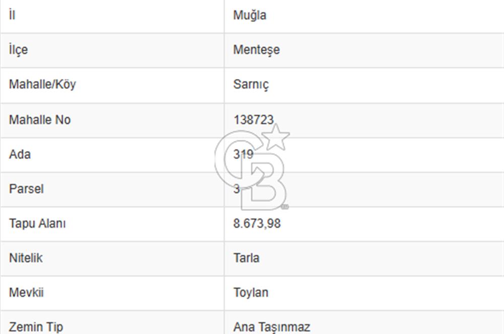 Muğla Menteşe sarnıç Toylan mevkii satılık Tarla 8673,98 m2