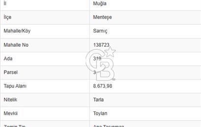 Muğla Menteşe sarnıç Toylan mevkii satılık Tarla 8673,98 m2
