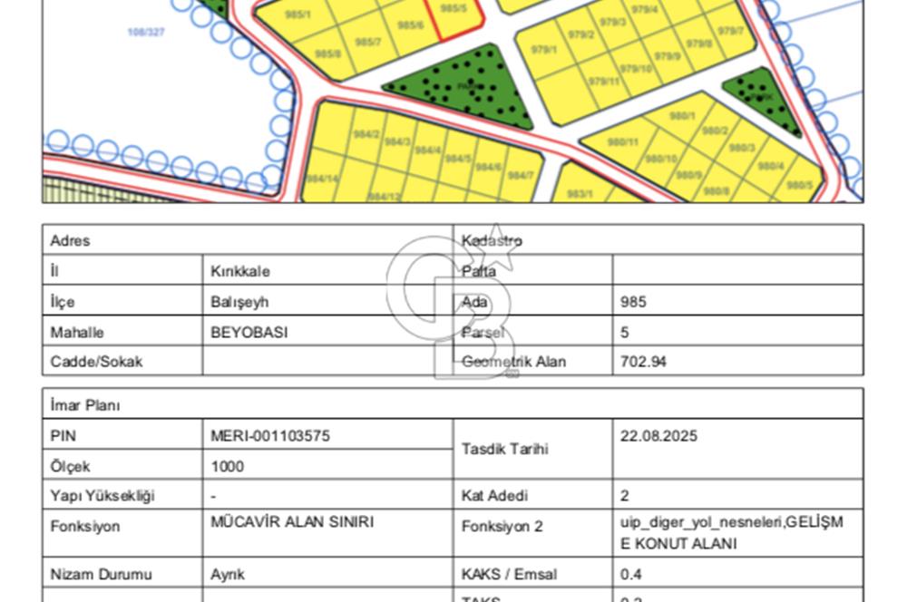 KIRIKKALE BALIŞEYH'DE VİLLA İMARLI 702 M² SATILIK ARSA