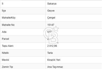 CB NETA'DAN SAKARYA GEYVE'DE SATILIK 2 DÖNÜM ARSA