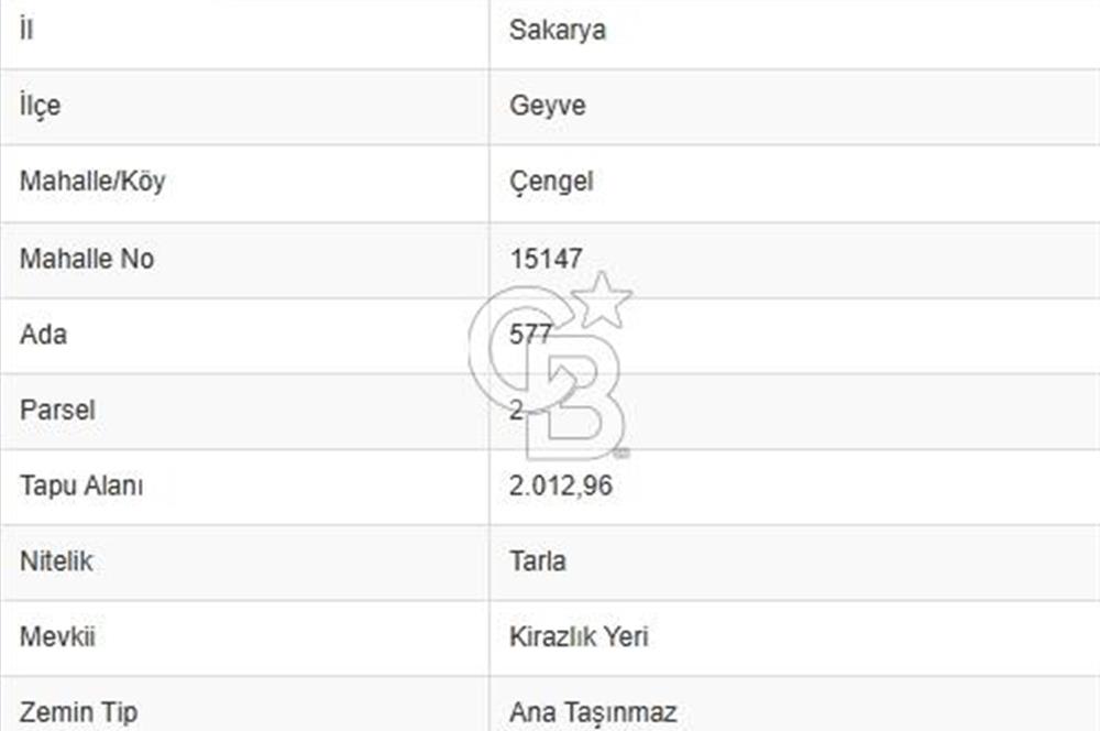 CB NETA'DAN SAKARYA GEYVE'DE SATILIK 2 DÖNÜM ARSA