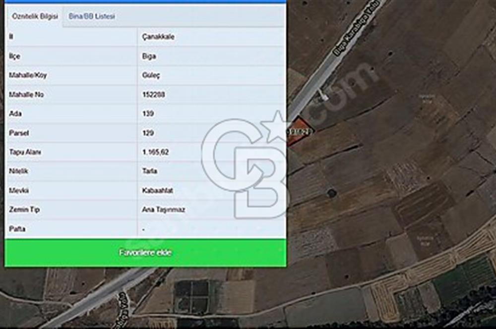 ÇANAKKALE BİGA'DA SATILIK 1.165 m2 TEK TAPU TARLA
