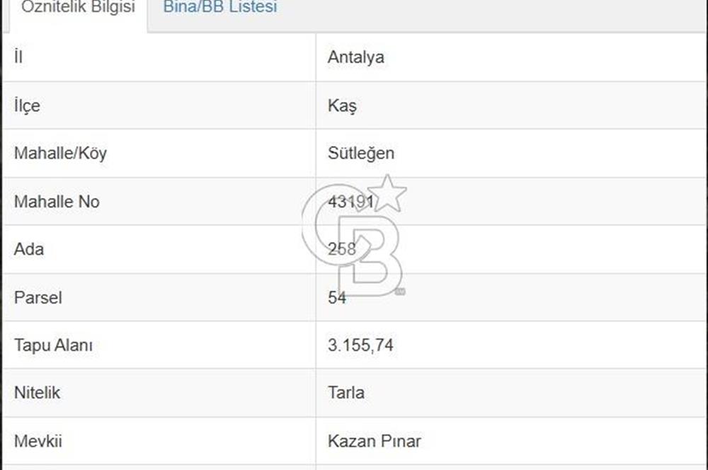 Kaş Sütleğen' de 3.155 m2 Tarla 