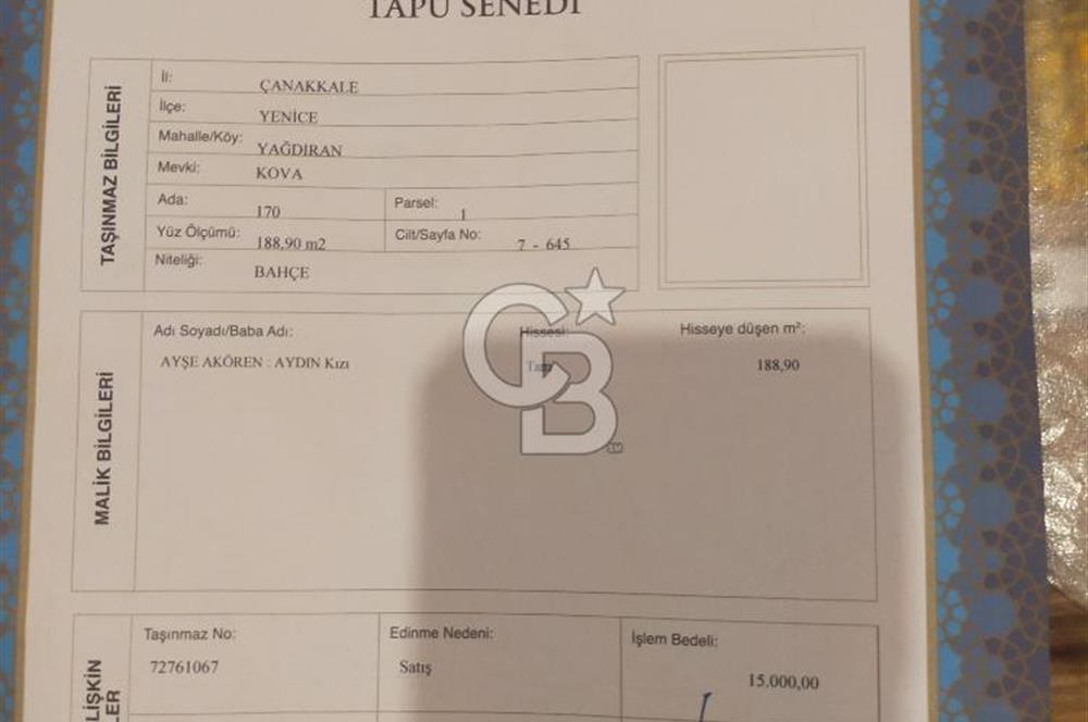 ÇANAKKALE YENİCEDE SATILIK 190 METREKARE BAHÇE