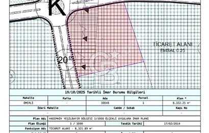 SATILIK ÖMERLİ'DE TİCARİ İMARLI 0.25 EMSAL TEK TAPU 8322 M² ARSA