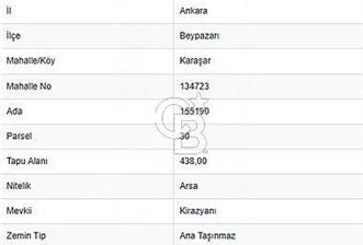 ANKARA BEYPAZARI KARAŞAR'DA SATILIK 438 M2 ARSA!!