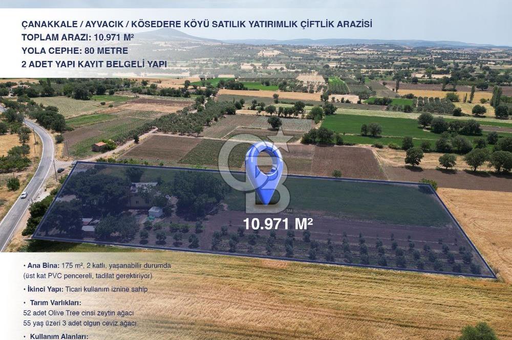 ÇANAKKALE, AYVACIK, KÖSÖDERE KÖYÜ'NDE SATILIK ÇİFTLİK EVİ,ARAZİ