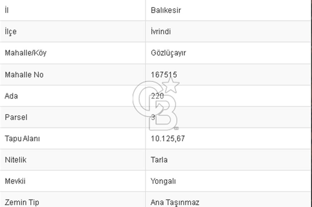 CB BLACK'TAN BALIKESİR İVRİNDİ'DE 10.125 M2 SATILIK TARLA