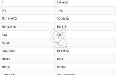CB BLACK'TAN BALIKESİR İVRİNDİ'DE 10.125 M2 SATILIK TARLA