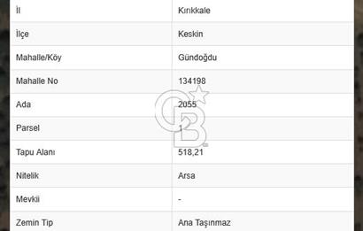 518m² 10 KAT İMARLI KÖŞE ARSA KIRIKKALE KESKİN GÜNDOĞDU 2055-1