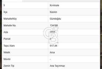 518m² 10 KAT İMARLI KÖŞE ARSA KIRIKKALE KESKİN GÜNDOĞDU 2055-2
