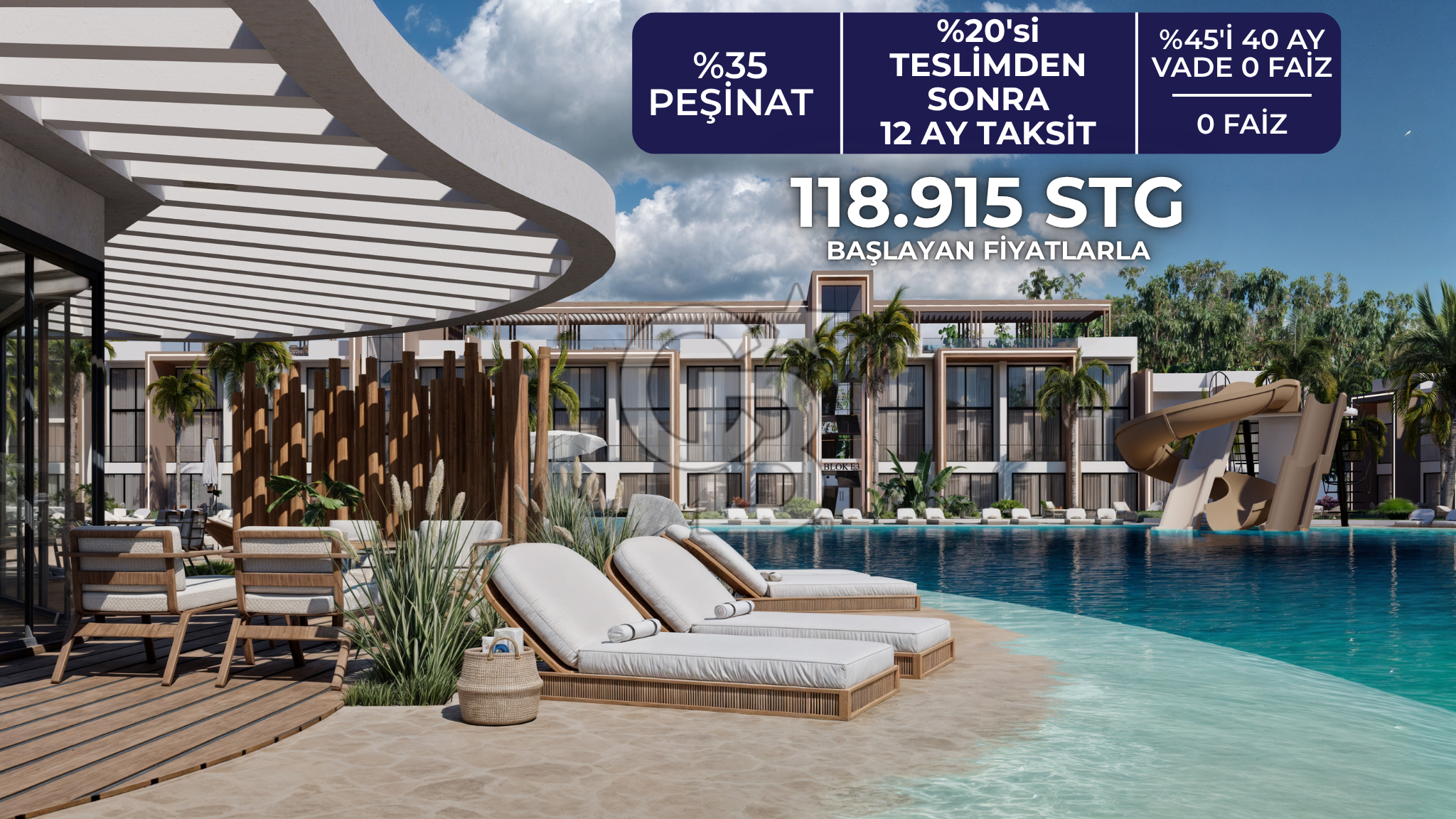 Kıbrıs İskele'de Ultra Lüks Lagün Havuzlu Sitede Satılık 1+1 Penthouse Daireler