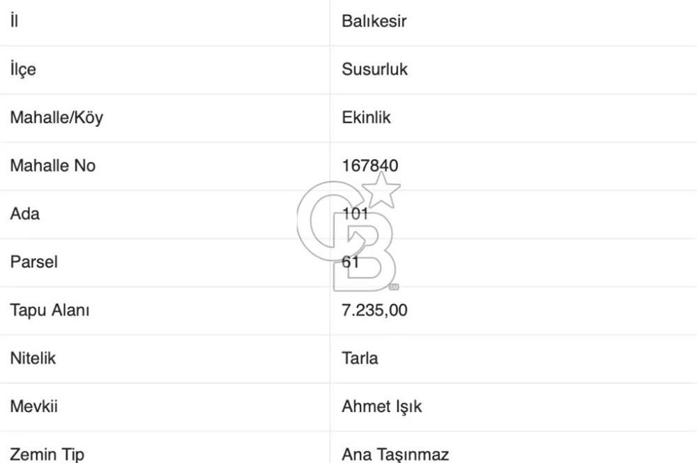 CB EAGLE'dan SUSURLUK EKİNLİK'DE 7.235 m² SATILIK TARLA