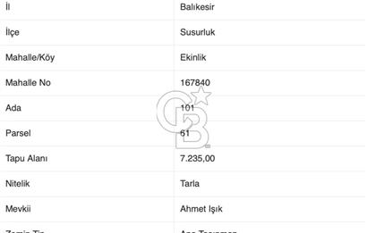CB EAGLE'dan SUSURLUK EKİNLİK'DE 7.235 m² SATILIK TARLA
