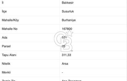 CB EAGLE'dan SUSURLUK BURHANİYE'DE 311 m² SATILIK İMARLI ARSA