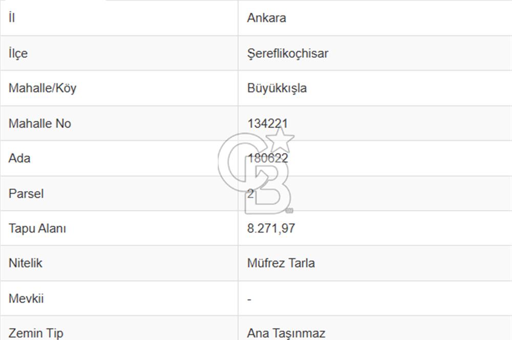 ŞEREFLİKOÇHİSAR BÜYÜKKIŞLA'DA SATILIK (MÜSTAKİL PARSEL) TARLA