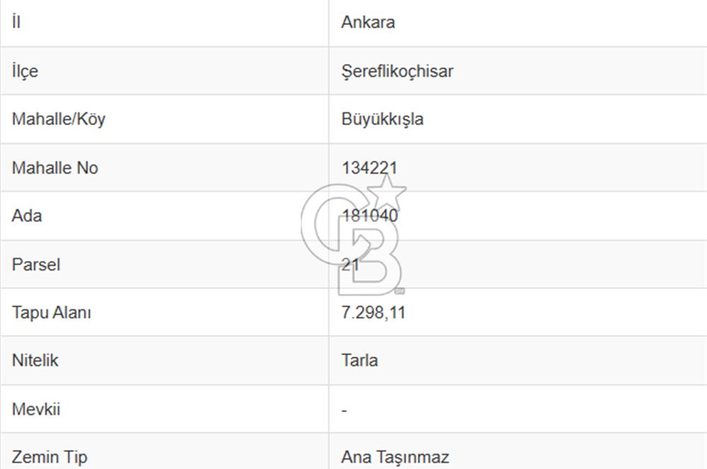 ŞEREFLİKOÇHİSAR BÜYÜKKIŞLA'DA SATILIK (MÜSTAKİL PARSEL) TARLA