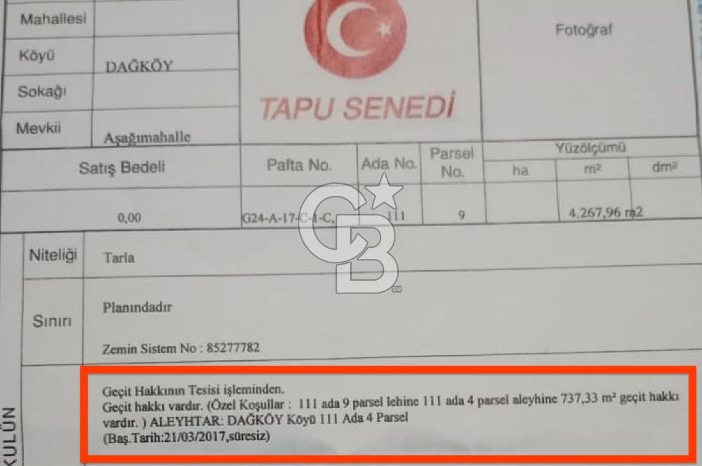 Kocaeli ili, İzmit ilçesi, Dağköy Mahallesi, E/KAKS:0,05 Diğer Tarım Alanı imarlı (Maks 250 m2 ev yapılabilir) satılık tarla