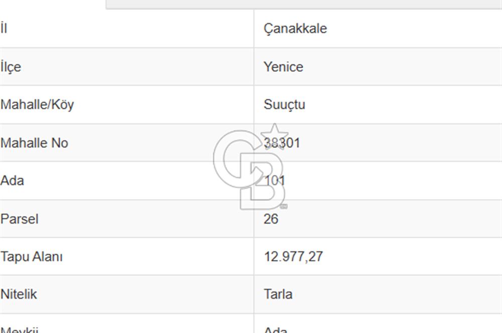 ÇANAKKALE YENİCE SUUÇTU KÖYÜNDE 12.977 m² YATIRIMLIK TARLA