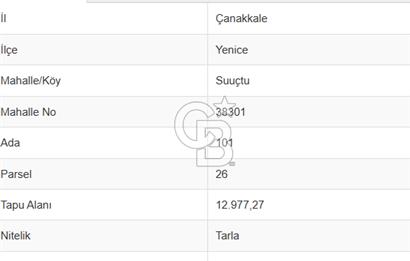 ÇANAKKALE YENİCE SUUÇTU KÖYÜNDE 12.977 m² YATIRIMLIK TARLA
