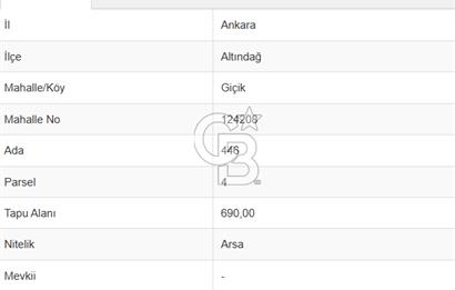 ALTINDAĞ İLÇESİ GİÇİK MAHALLESİN'de MÜSTAKİL TAPULU İMARLI ARSA