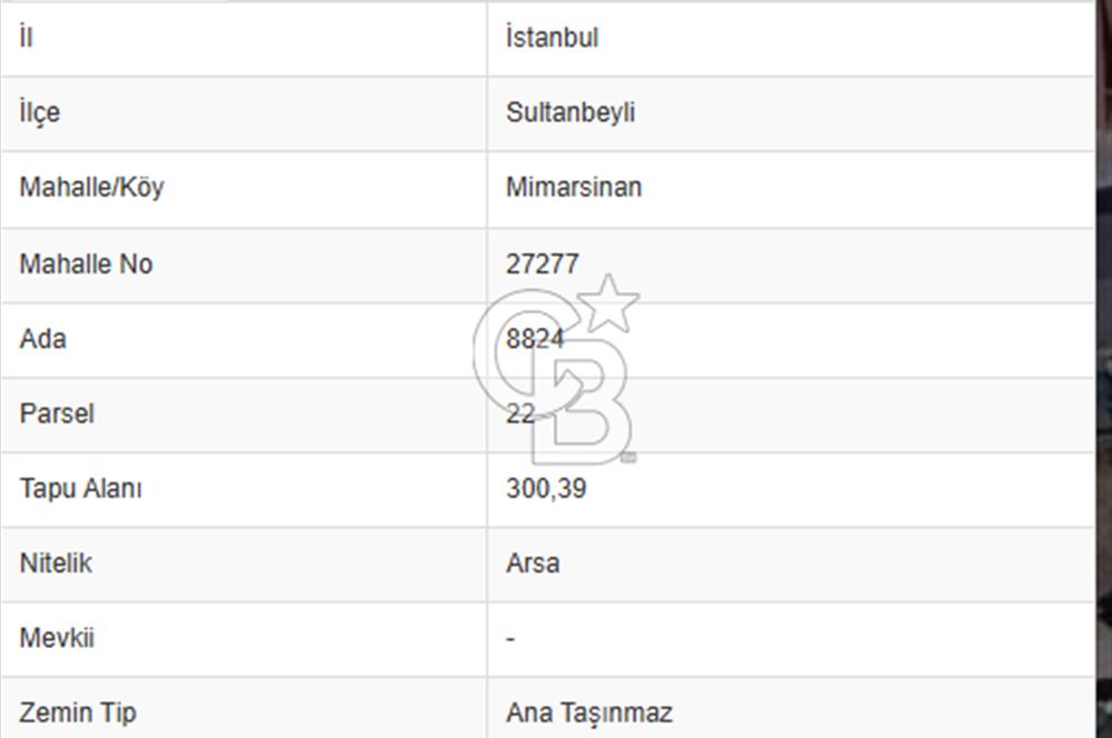 CB'DAN SULTANBEYLİ MİMAR SİNAN, 300M2 MÜSTAKİL İMARLI KONUT ARSA